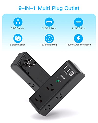 Surge Protector Outlet Extender with Rotating Plug, 6 AC Outlets and 3 USB Ports E634251