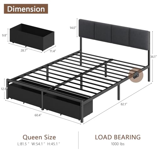 Queen Size Upholstered Platform Bed Frame with Headboard and Storage Drawer W303