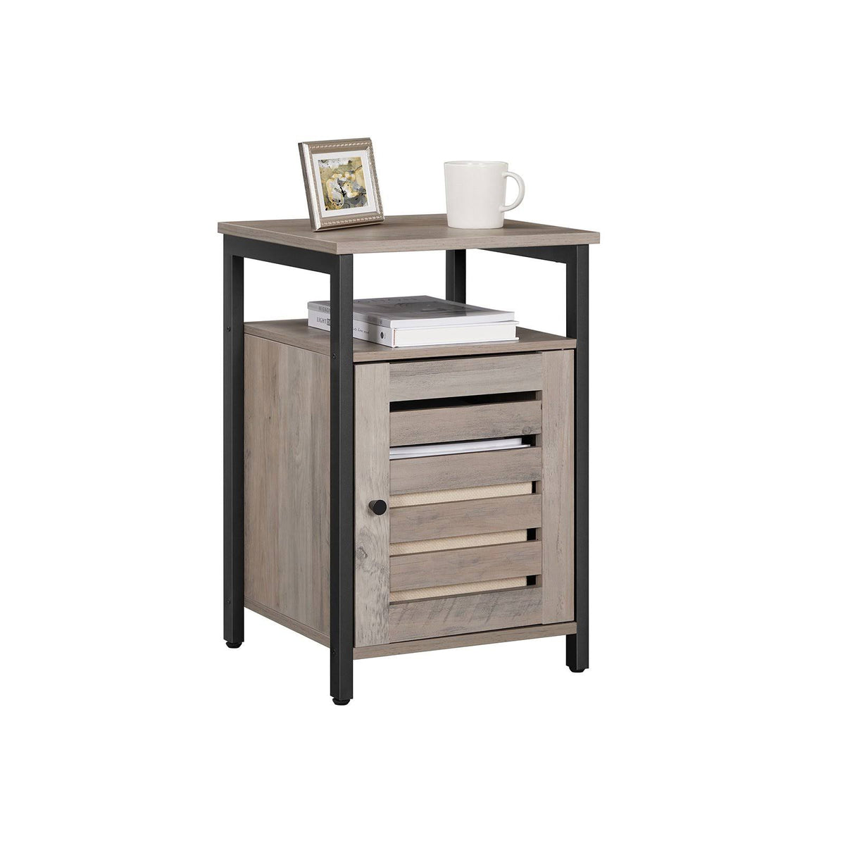 Greige Nightstand End Table with Cabinet and Shelf R4165