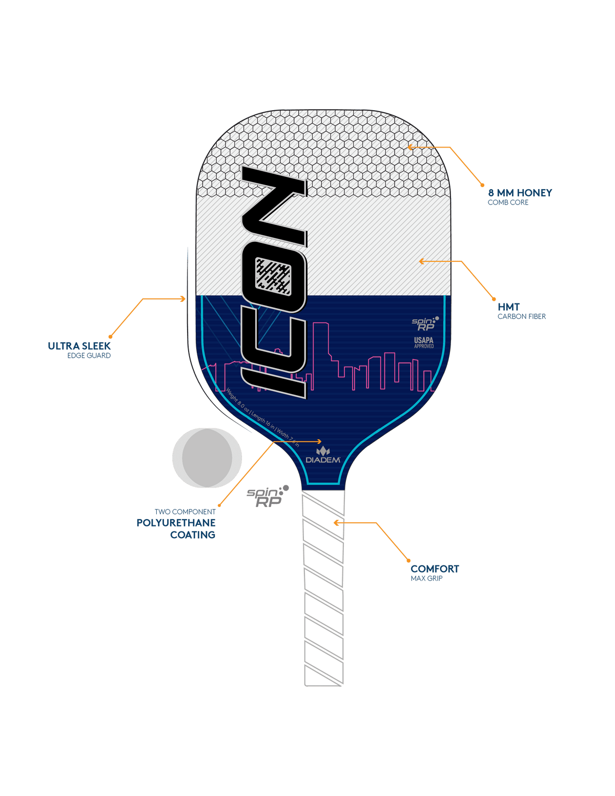 White Liteweight Carbon Fiber Pickleball Paddle, 7.7oz D2234