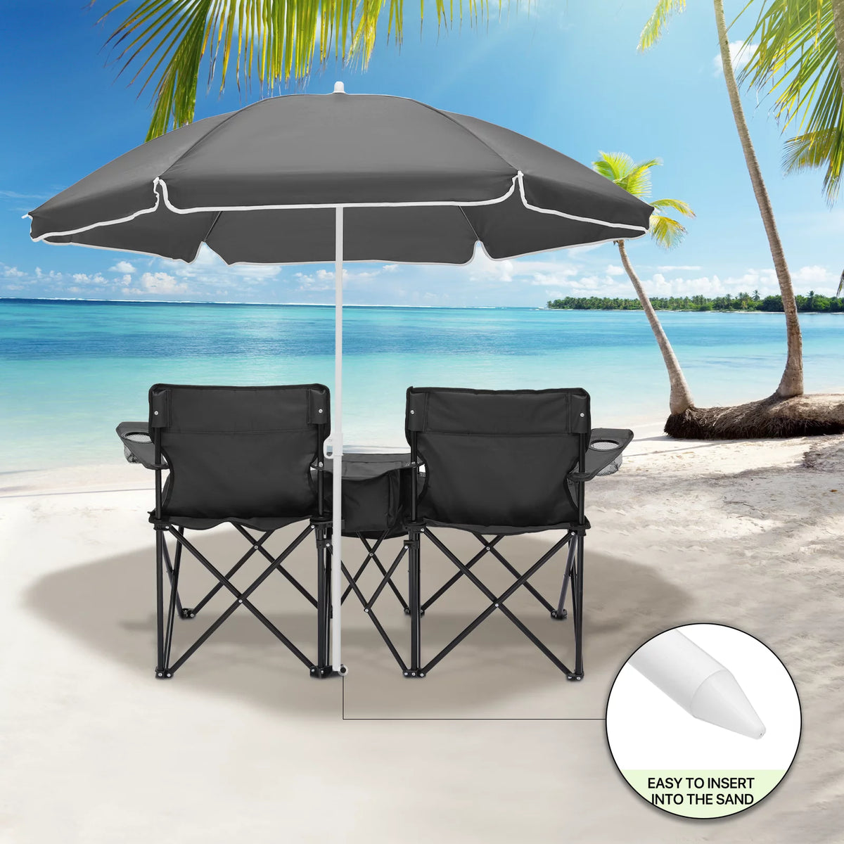 Portable Double Folding Chair with Umbrella, Cooler Bag & Carry Bag, Black I14932