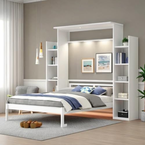 White Queen Size Wall Bed with 2 Side Cabinet Storage Shelf & Desk Combo H891