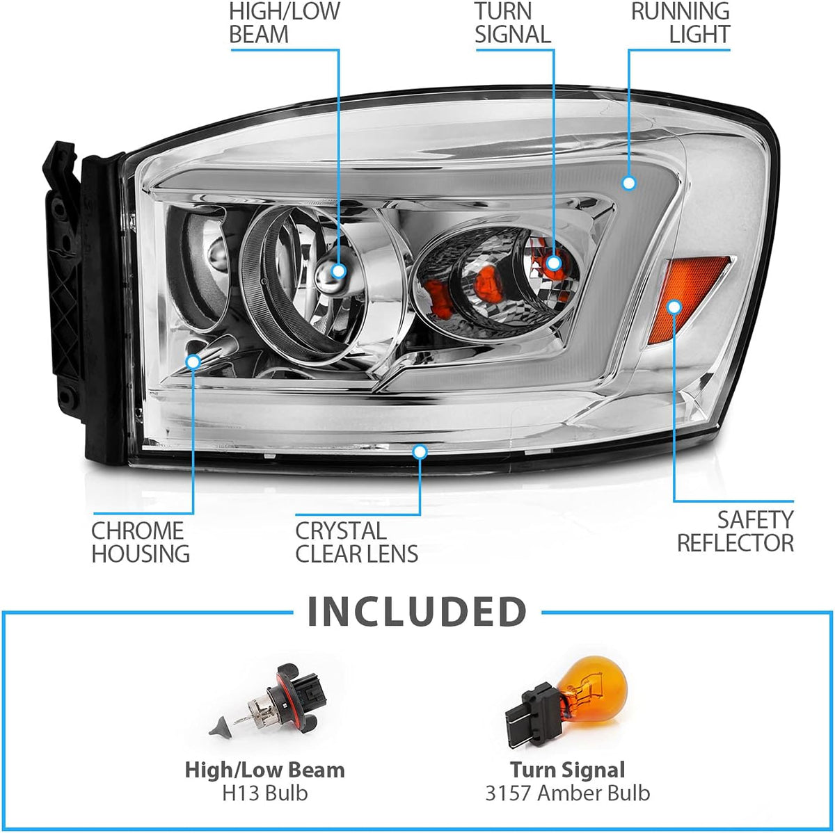 Chrome LED Tube Replacement Headlights for Ram Truck 1500 2500 3500 B698