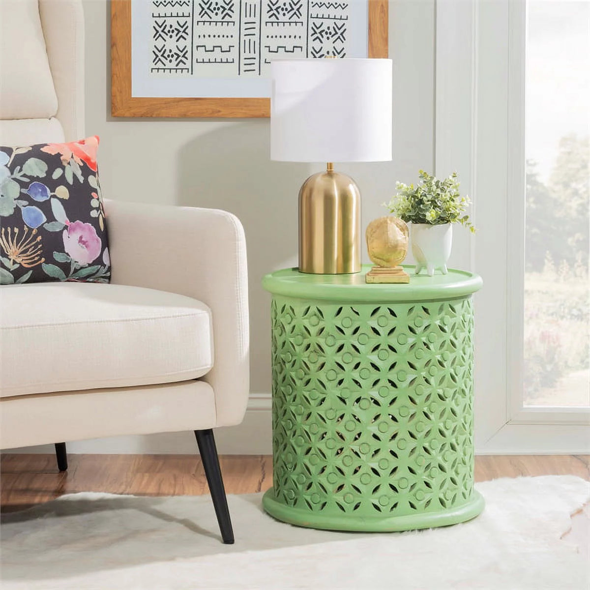 Green Wood Hand Carved Side Table X616241