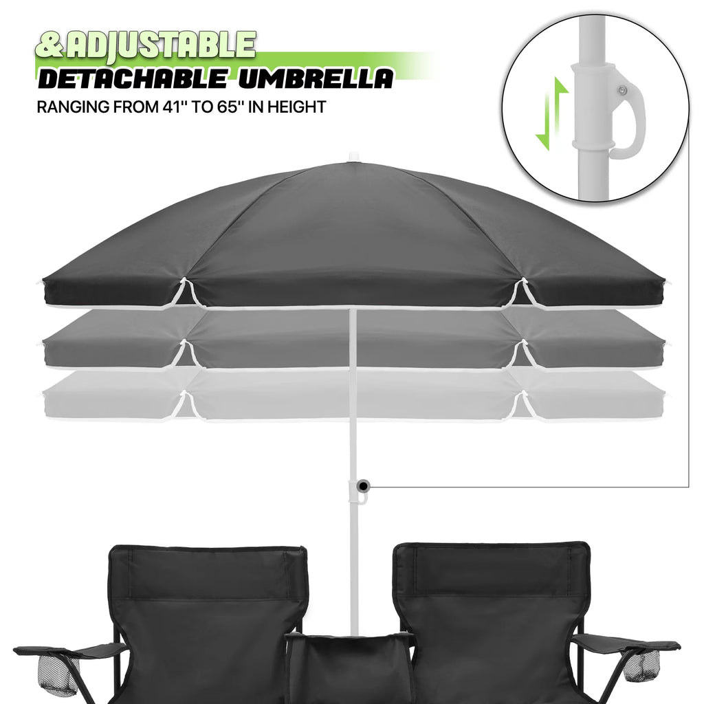 Portable Double Folding Chair with Umbrella, Cooler Bag & Carry Bag, Black I14932
