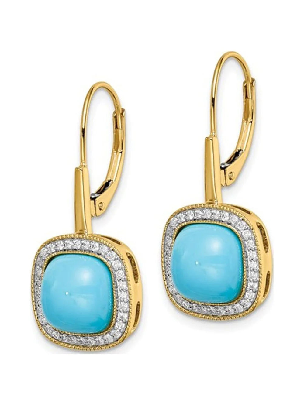 Turquoise Dangling Leverback Earrings in 14K Yellow Gold with Diamonds B2946