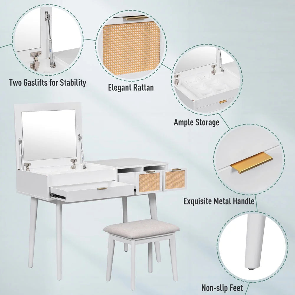 43.3" Wood Makeup Vanity Set with Flip-top Mirror and Stool O633355