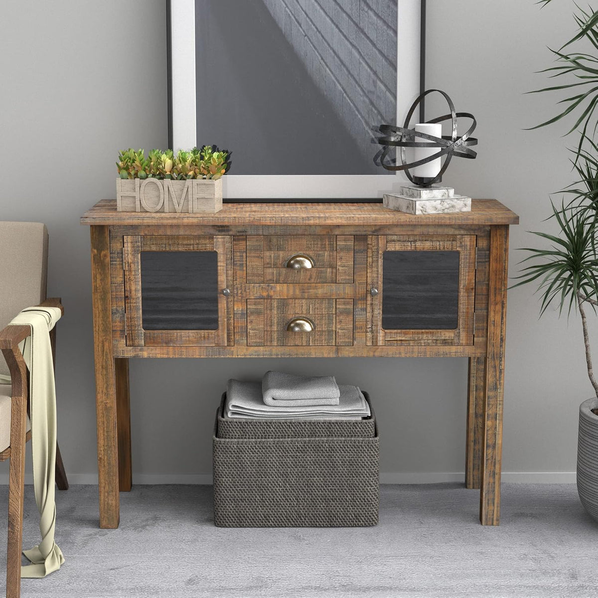 Industrial Farmhouse Console Table with Deep Drawers and Glass Panel Cabinet D294