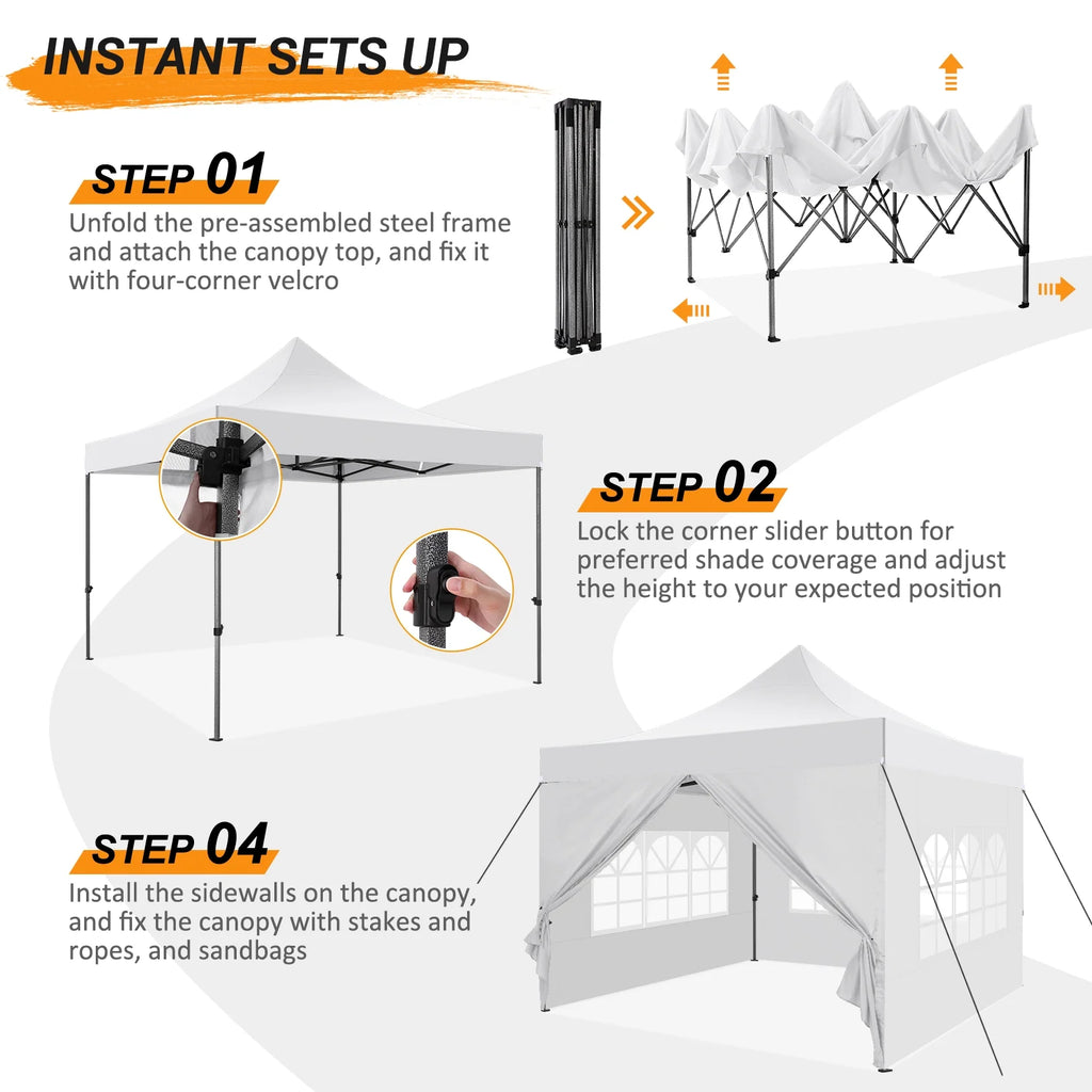 10x10 FT Pop Up Canopy Tent with 4 Removable Sidewalls, Roller Bag and 4 Sandbags, White I4767