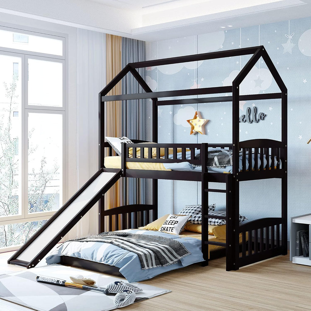Twin Over Twin Metal Bunk Bed with Slide and Integrated Ladder J634