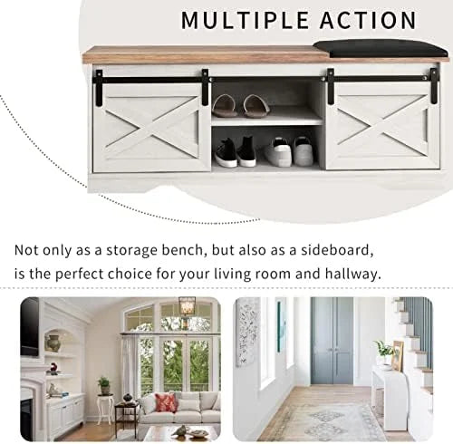 42” Rustic Solid Wood Shoe Bench with Linen Cushion K8651