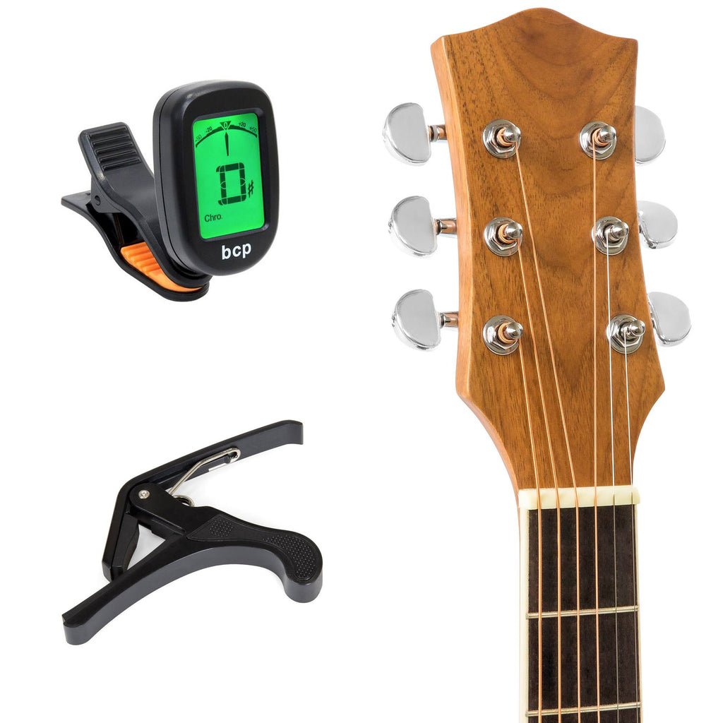Natural Acoustic Electric Cutaway Guitar Set with Capo, E-Tuner, Bag, Picks, Strap V5313