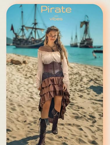 Beige+Brown Women Pirate Costume with Shirt Skirt Corset Waist Belt H20587