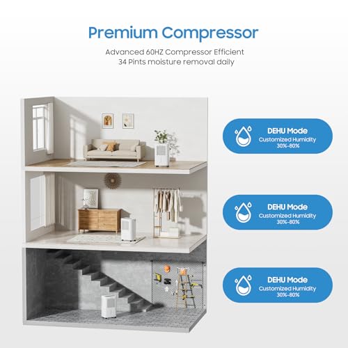 34 Pints Portable Dehumidifier with Drain Hose T4391