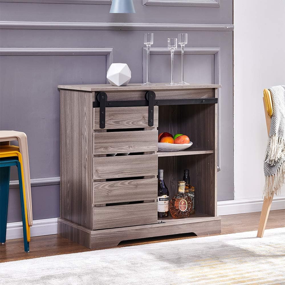 White+Dark Walnut Barn Door Buffet Console Table with Sliding Door J1755