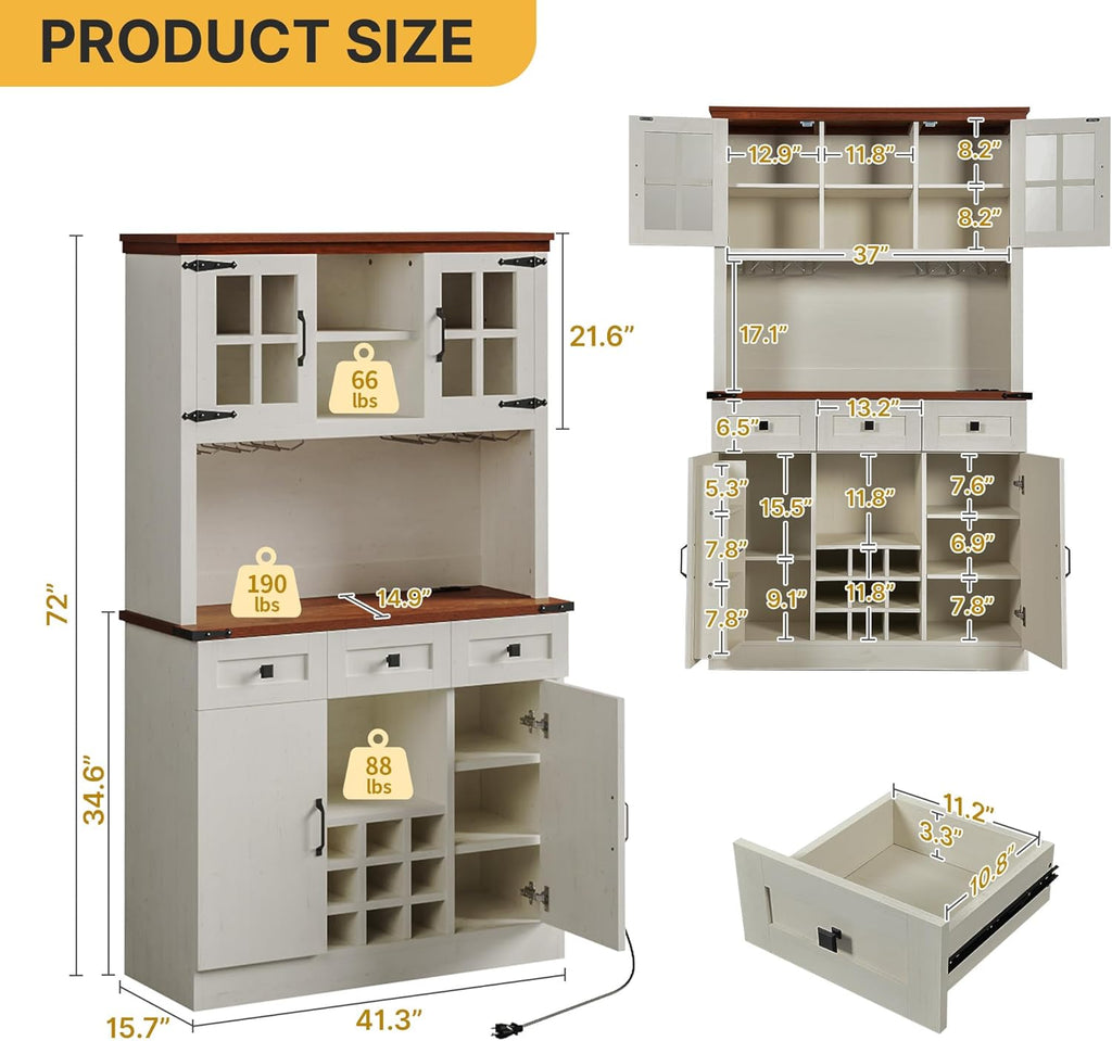 Antique White 72 Inch Kitchen Pantry Cabinet with 3 Drawers M6381