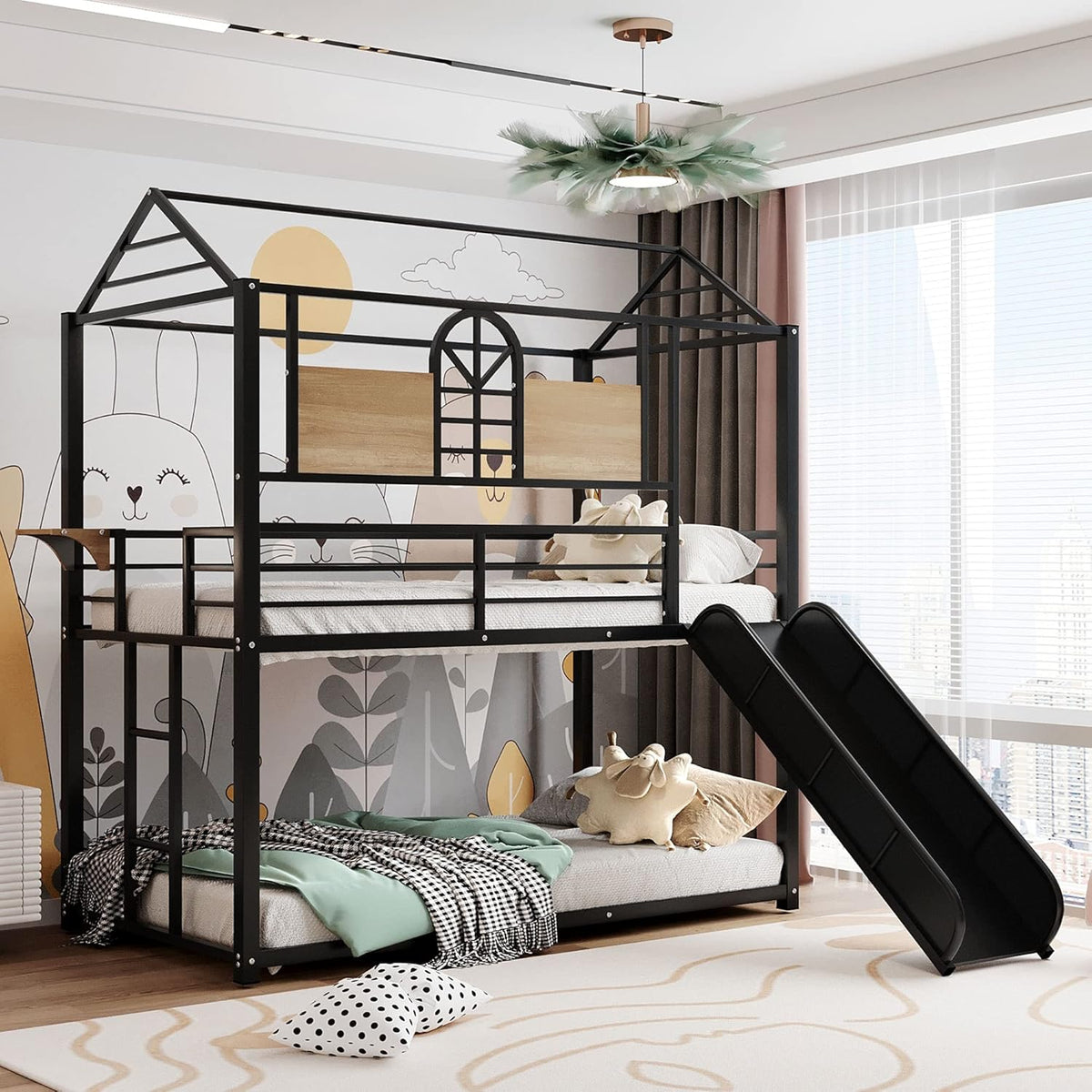 Twin Over Twin Metal Bunk Bed with Slide and Integrated Ladder J634