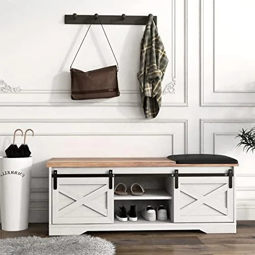 42” Rustic Solid Wood Shoe Bench with Linen Cushion K8651