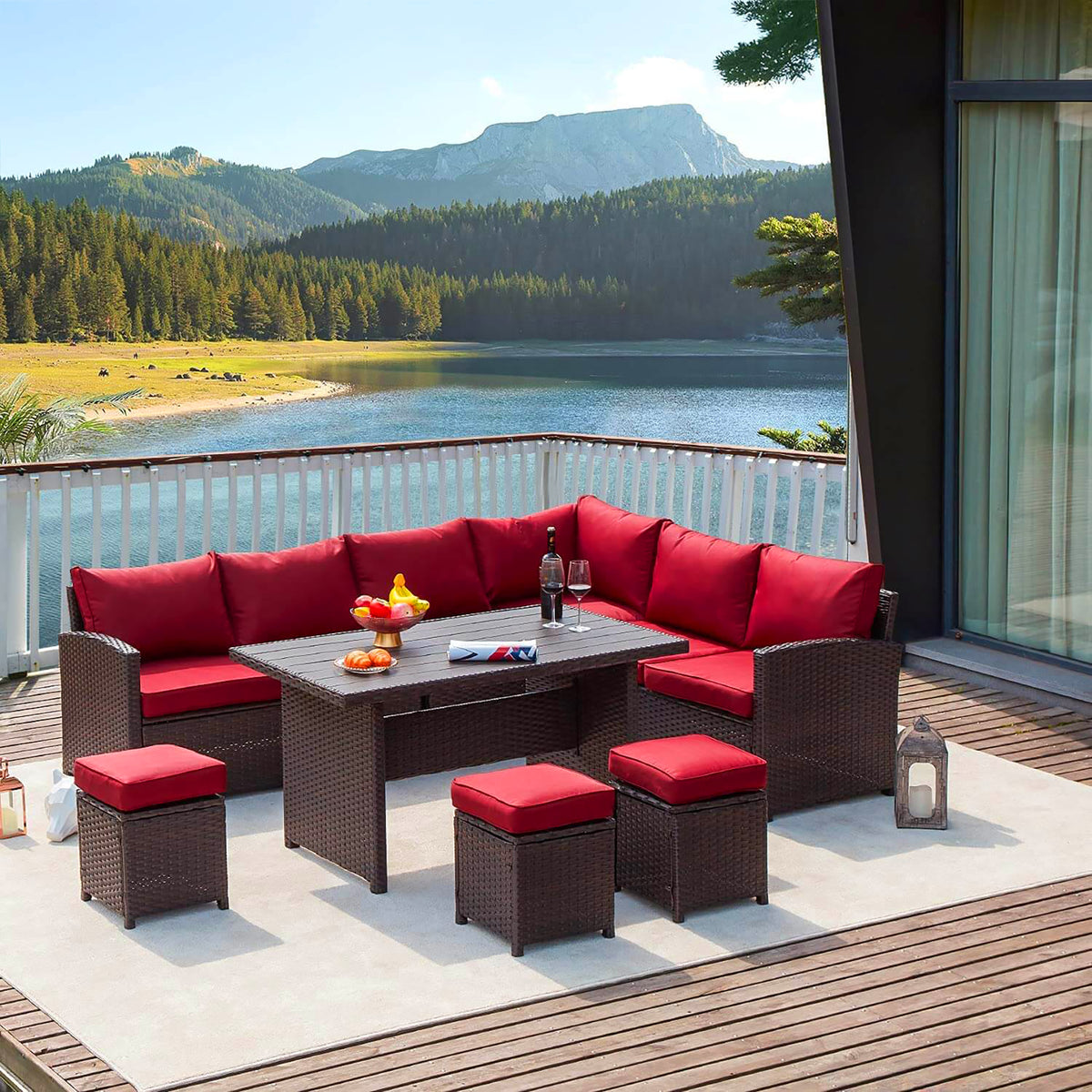Red Rattan Wicker Patio Dining Table Set E65685