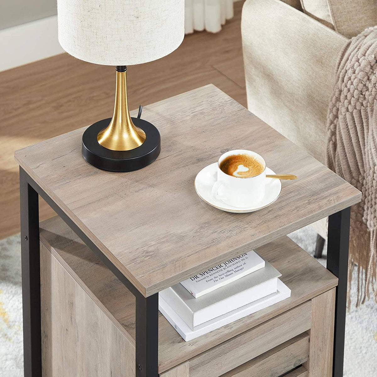 Greige Nightstand End Table with Cabinet and Shelf R4165