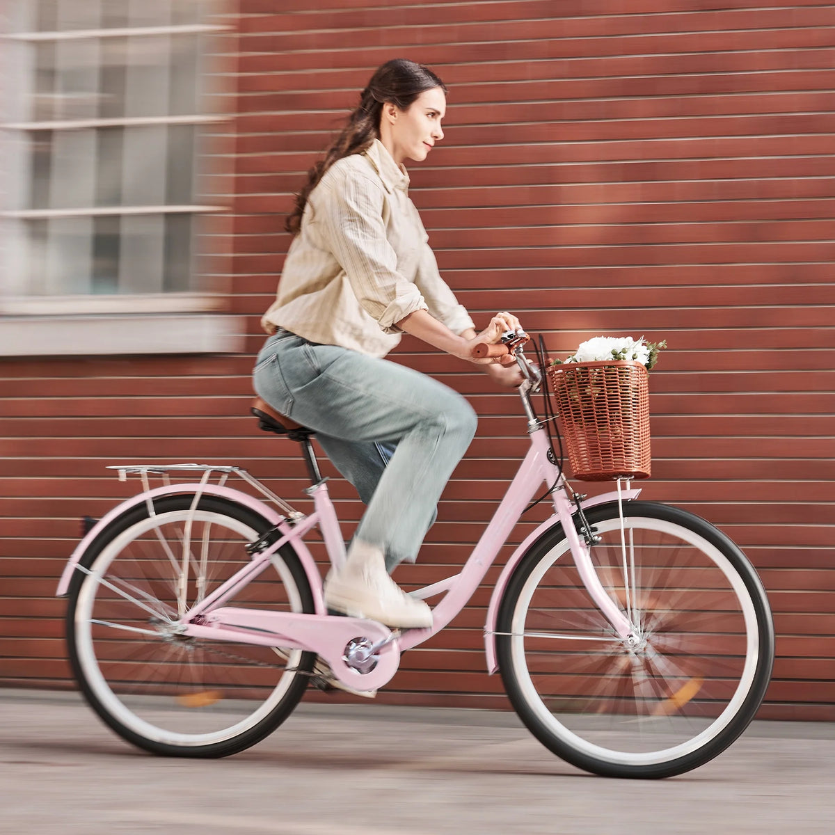 24 Inch City Cruiser Bicycle with Carbon Steel Frame Dual V Brakes Basket Y817