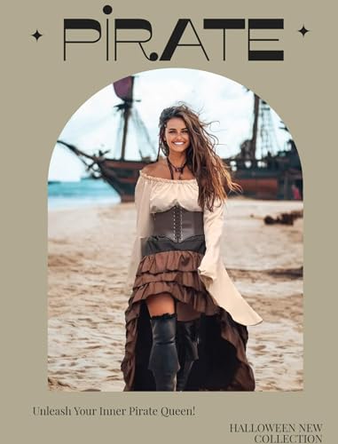 Beige+Brown Women Pirate Costume with Shirt Skirt Corset Waist Belt H20587