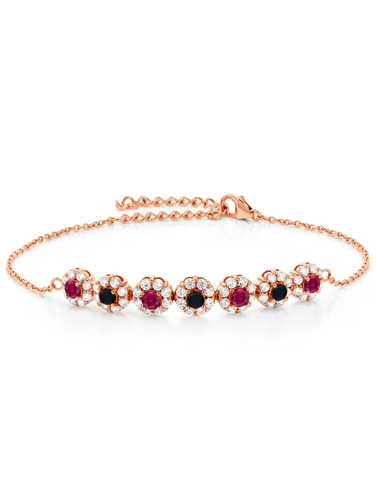 18K Rose Gold Plated Silver Red Created Ruby and Black Onyx Tennis Bracelet E85507
