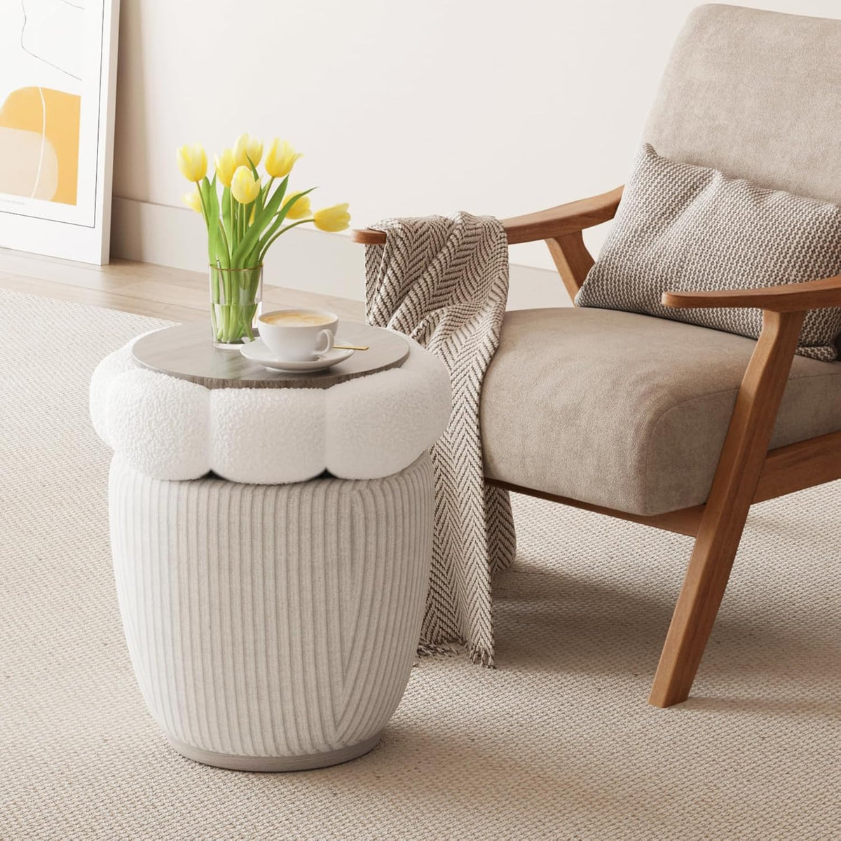 White Round Ottoman with Removable Lid S819341