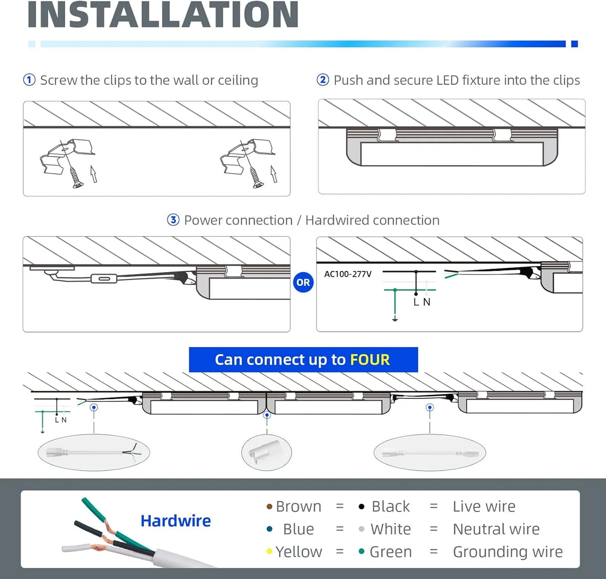 8FT 72W 9000LM 5000K Daylight White T8 Linkable LED Shop Light, 4 Packs D88389