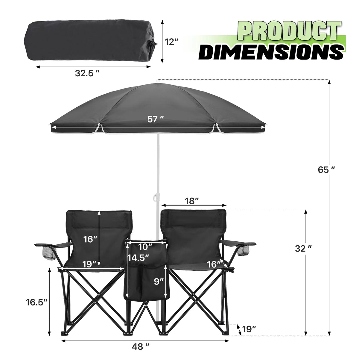 Portable Double Folding Chair with Umbrella, Cooler Bag & Carry Bag, Black I14932