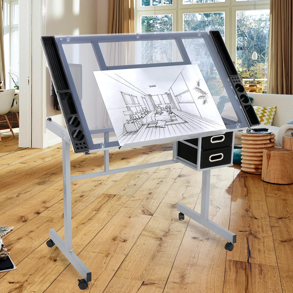 Height Adjustable Drafting Table with Storage Drawers and Wheels I901