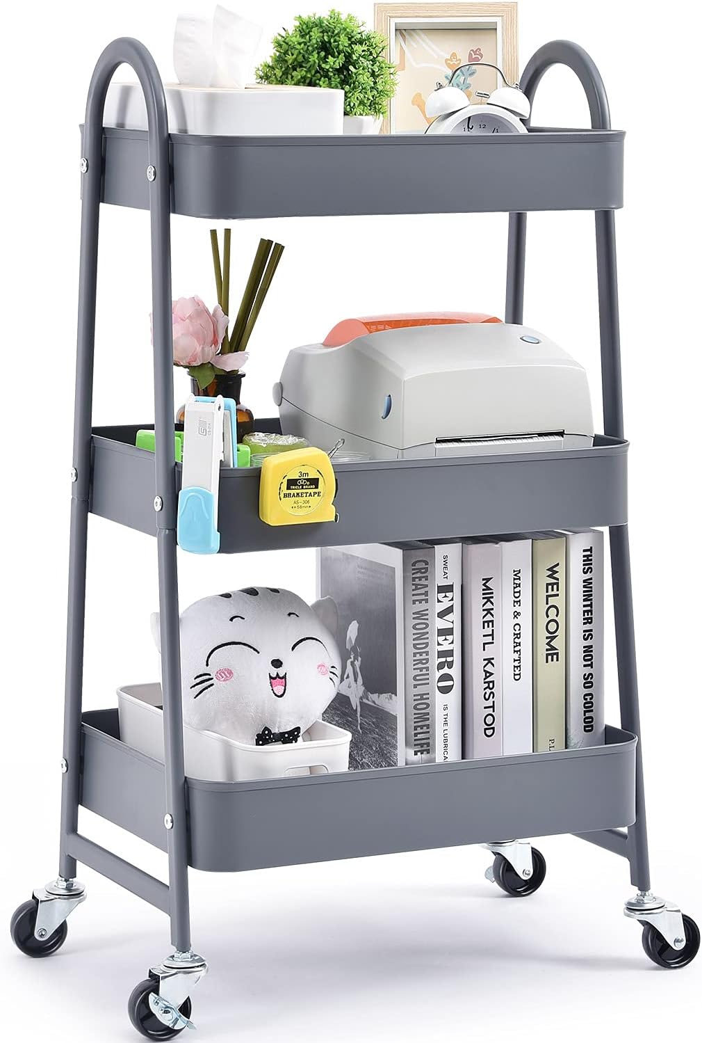 3-Tier Rolling Utility Cart with Metal Wheels White B9393
