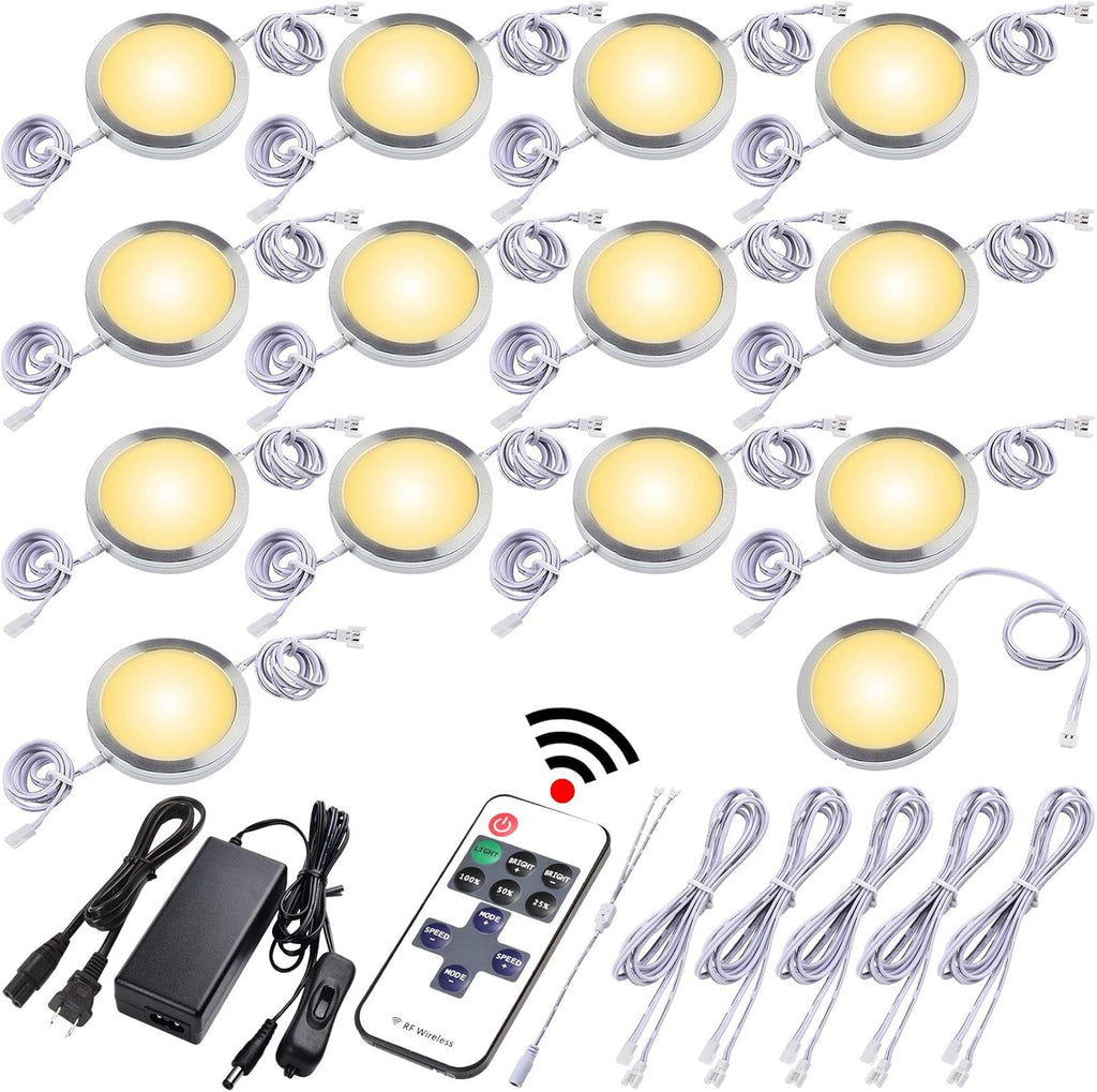 Under Cabinet LED Puck Lights, Dimmable Wireless RF Remote Control, Linkable Wired, AC120V to DC12V, Hardwired or Wall Plug, 14 Lights, Warm White H530
