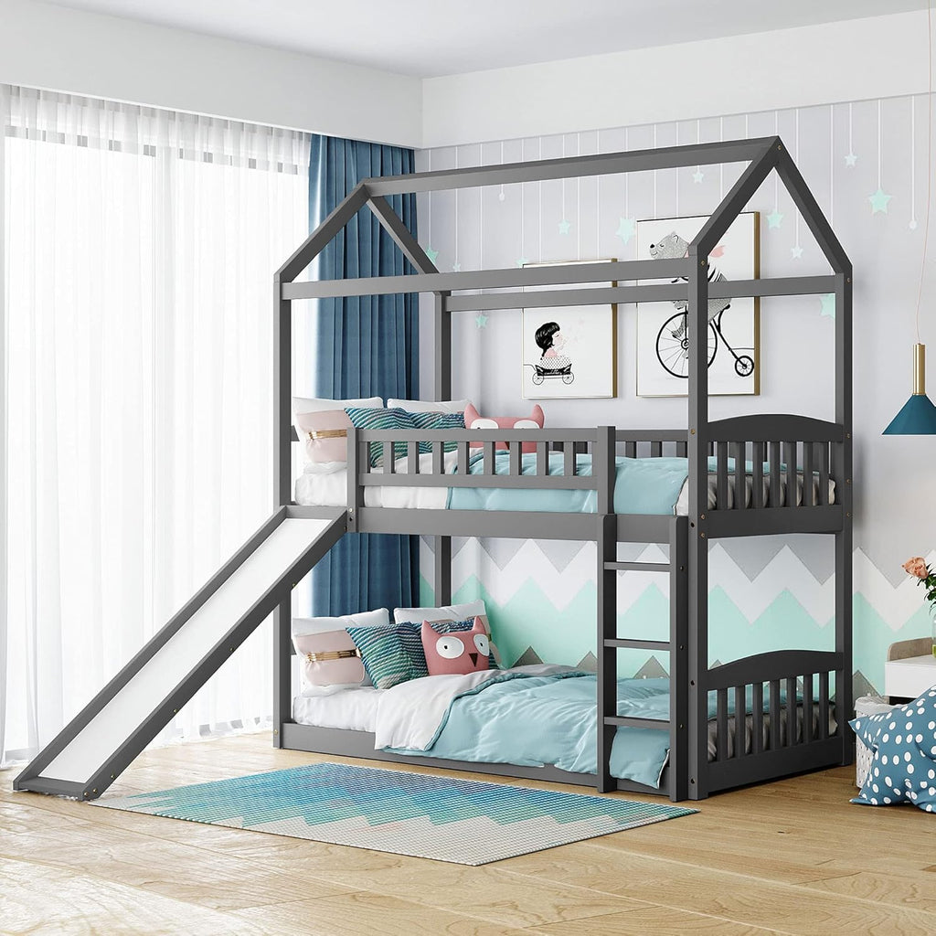 Twin Over Twin Metal Bunk Bed with Slide and Integrated Ladder J634