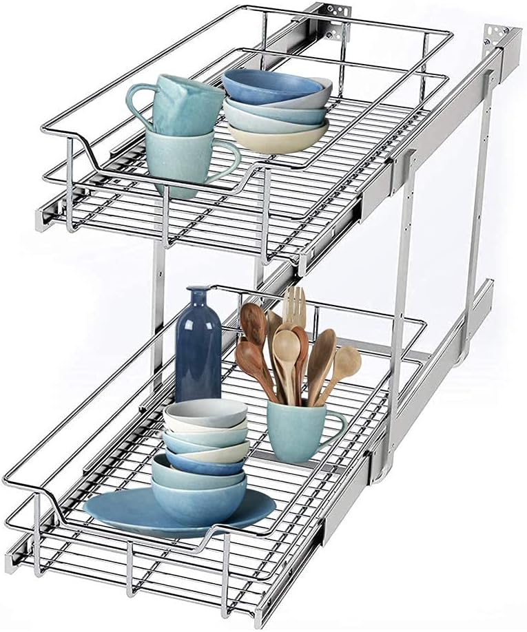 2 Tier Wire Basket Pull Out Organizer Shelf Sliding Drawer Storage M864917