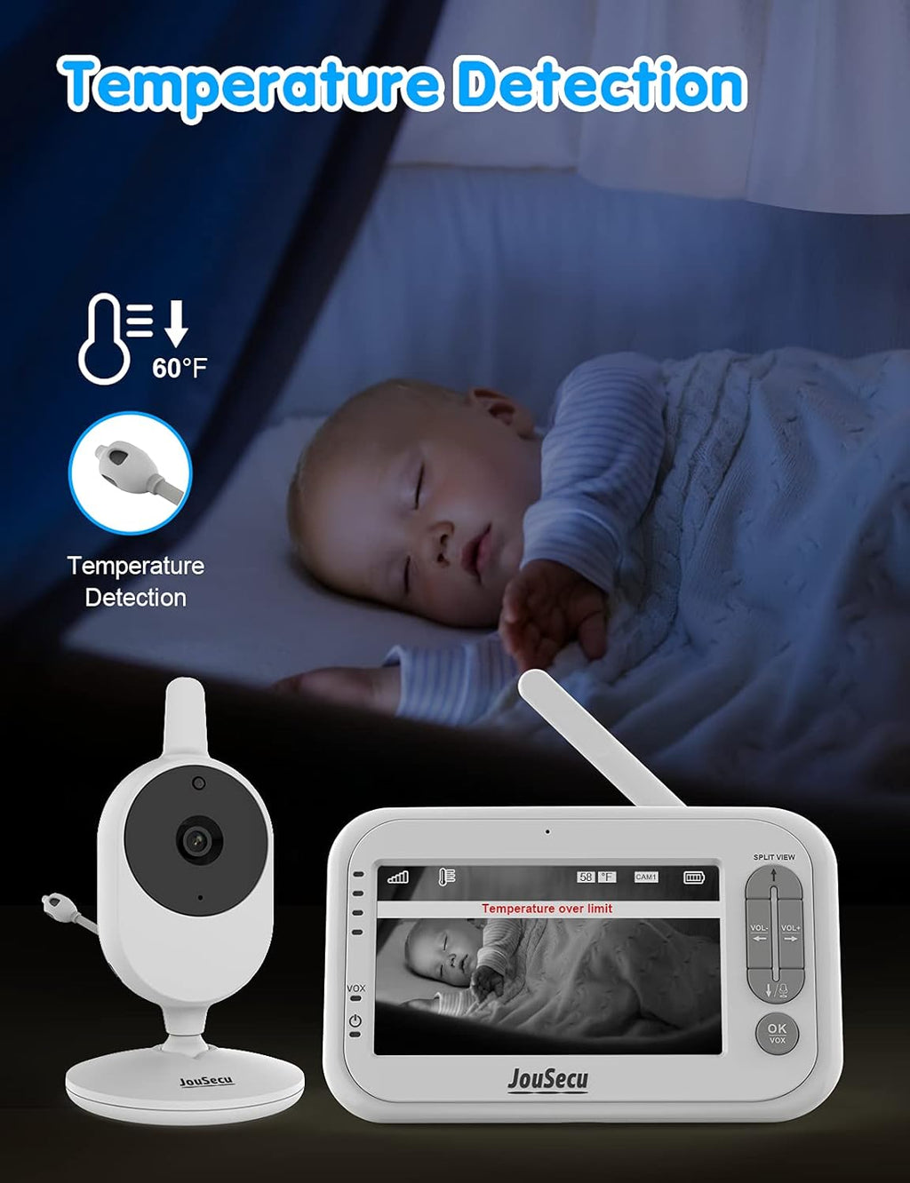 Baby Monitor with Camera and Audio 4.3 Inches LCD Split Screen E646