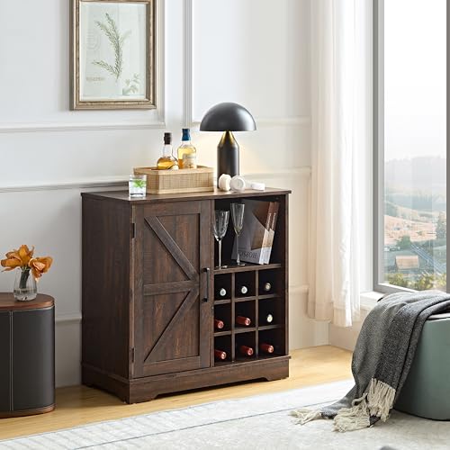 Gray Wash Farmhouse Coffee Bar Cabinet with Wine Rack and Drawer E475