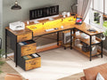 L Shaped Desk with LED Light, 67" Home Office Desk with 2 File Drawer and Power Outlet, Monitor Shelf, Storage Shelves, Brown U281