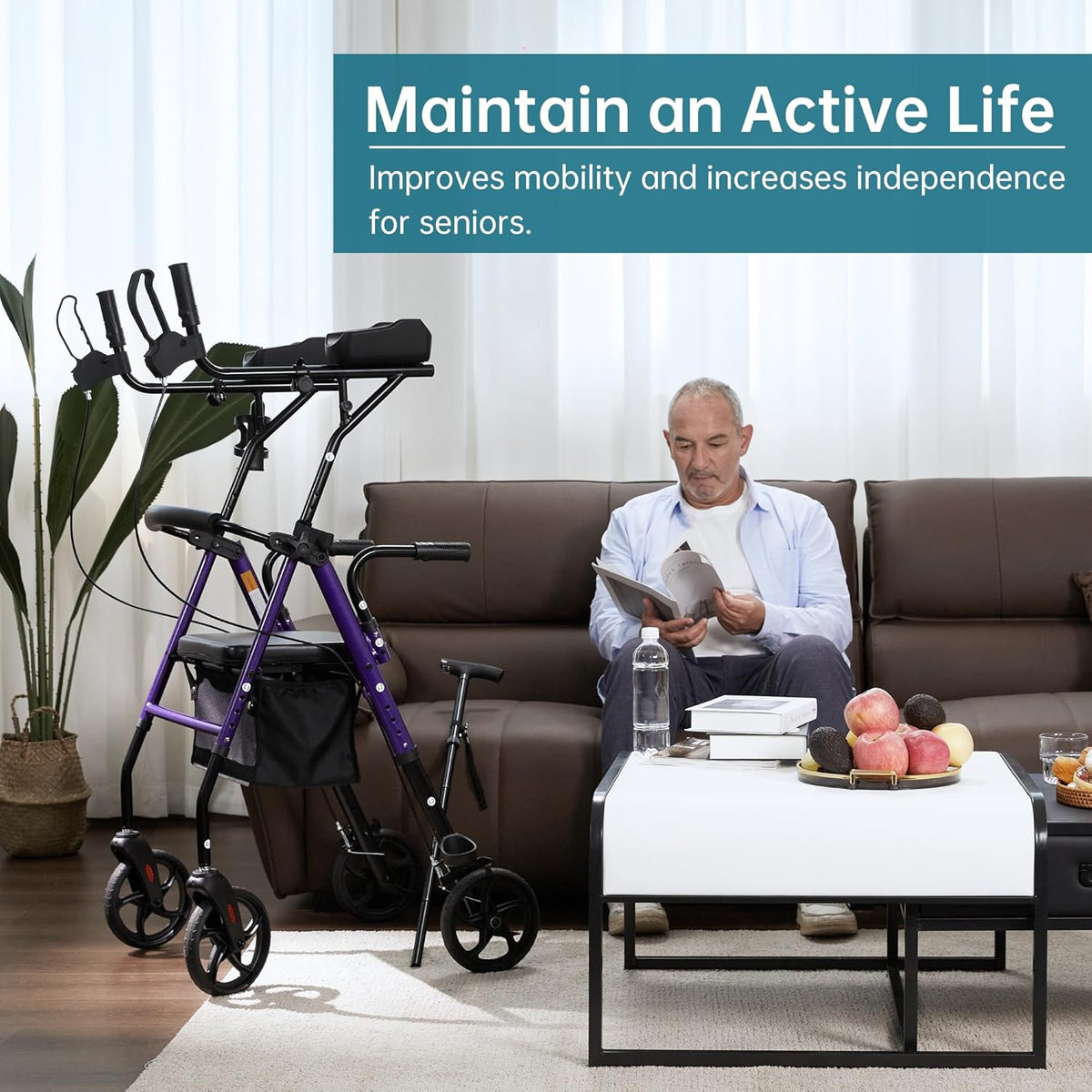 Purple Upright Rollator Walker with Padded Seat and Backrest D6052
