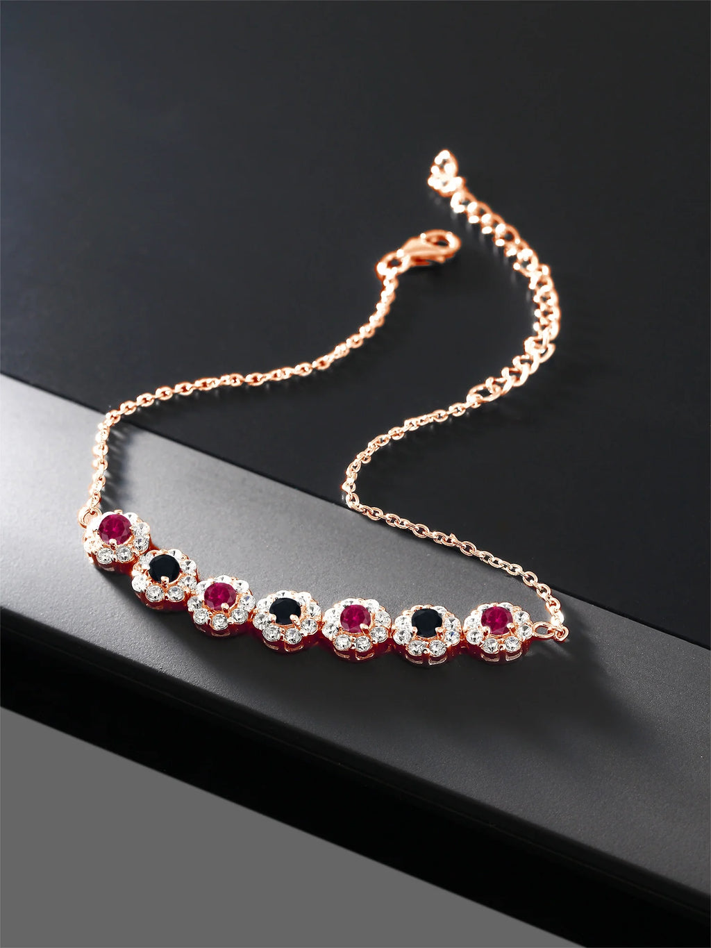 18K Rose Gold Plated Silver Red Created Ruby and Black Onyx Tennis Bracelet E85507