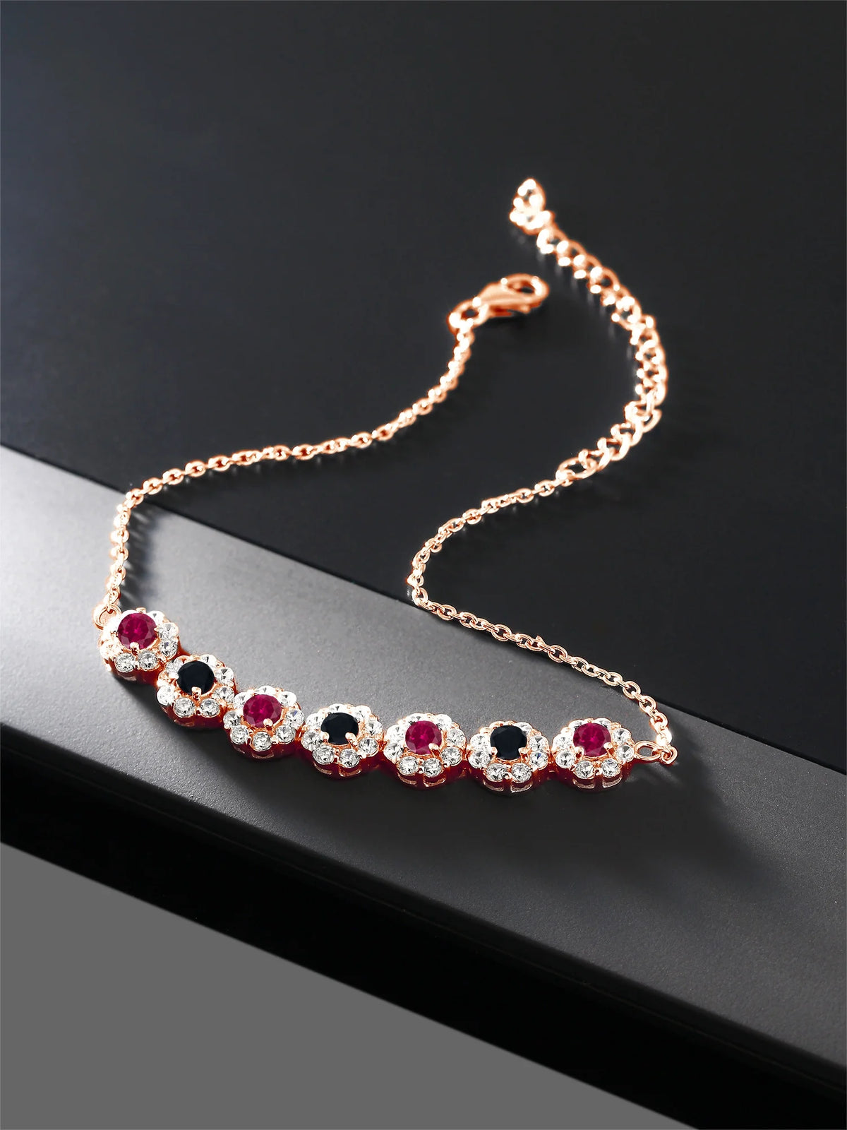 18K Rose Gold Plated Silver Red Created Ruby and Black Onyx Tennis Bracelet E85507