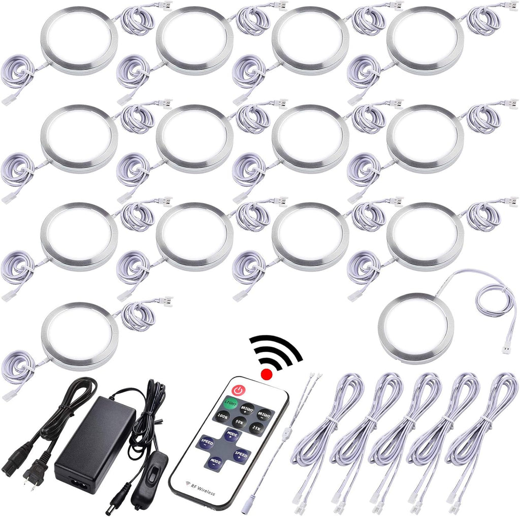 Under Cabinet LED Puck Lights, Dimmable Wireless RF Remote Control, Linkable Wired, AC120V to DC12V, Hardwired or Wall Plug, 14 Lights, Warm White H530