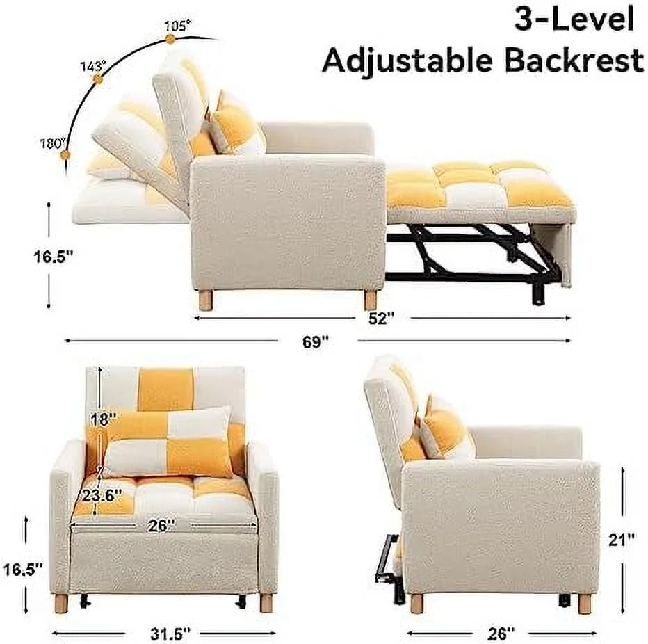 Black Convertible Sleeper Chair Bed with Pillow and Adjustable Backrest W1439