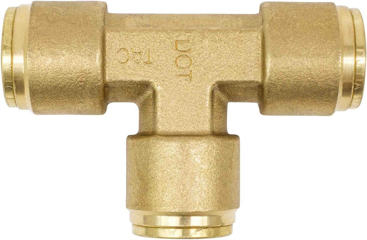 Brass Push to Connect Union Tee Air Brake Tube Fitting, 1/2" Tube OD, 5 Pack D409392