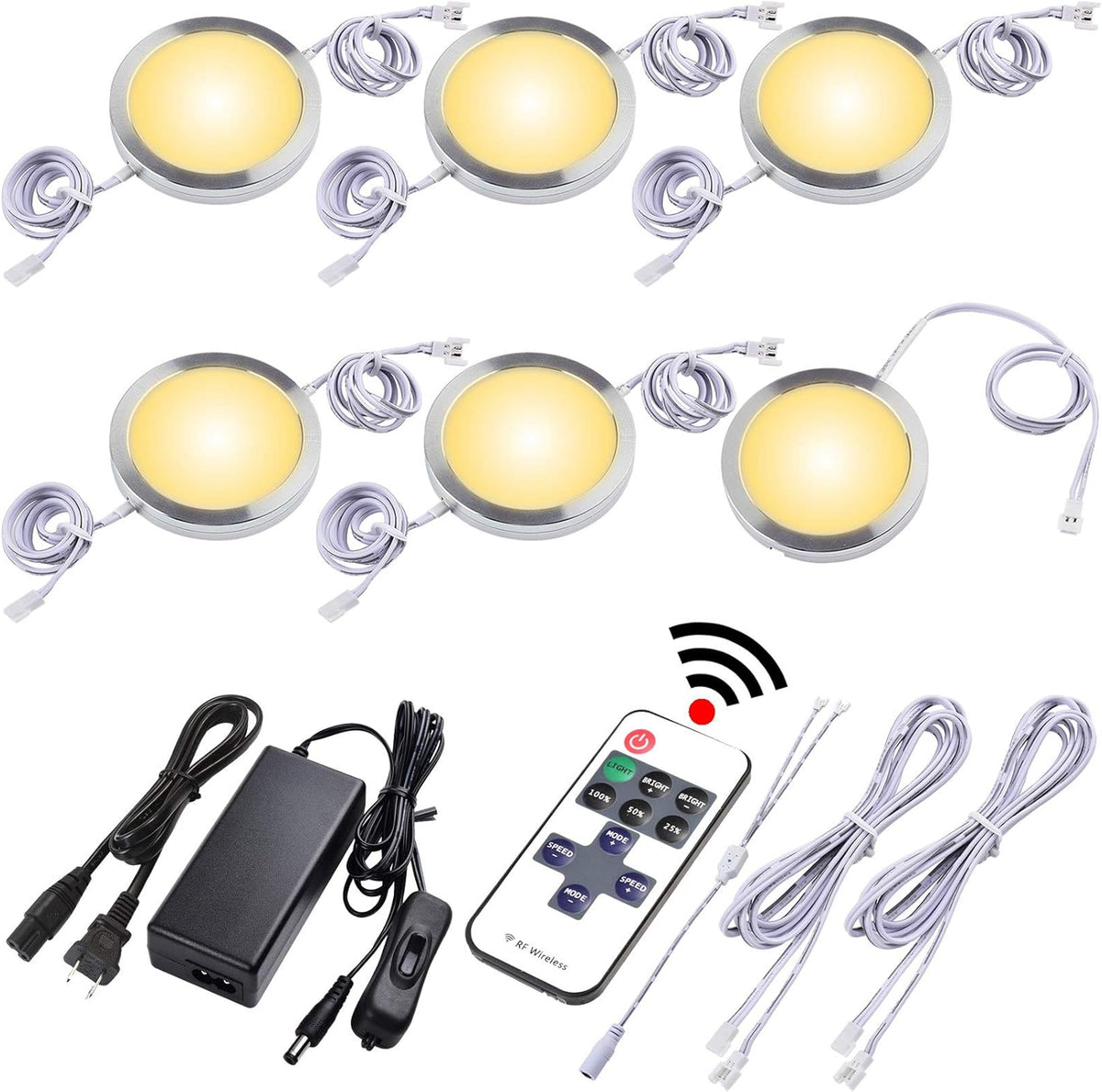 Under Cabinet LED Puck Lights, Dimmable Wireless RF Remote Control, Linkable Wired, AC120V to DC12V, Hardwired or Wall Plug, 14 Lights, Warm White H530