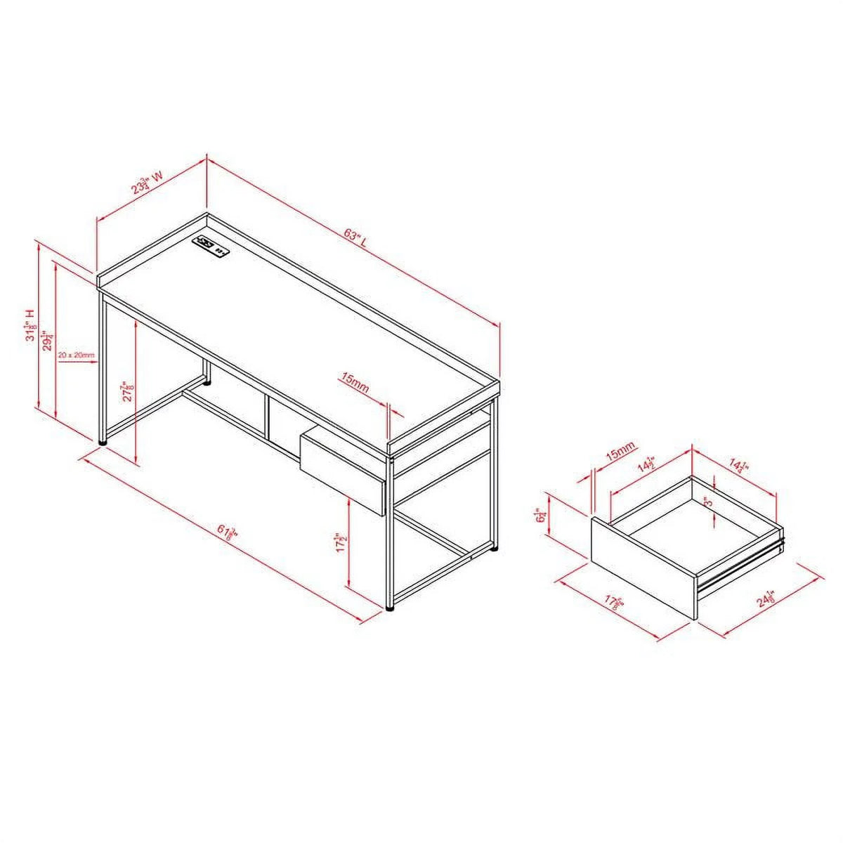 Oak Wood Writing Desk with USB Plug H27120