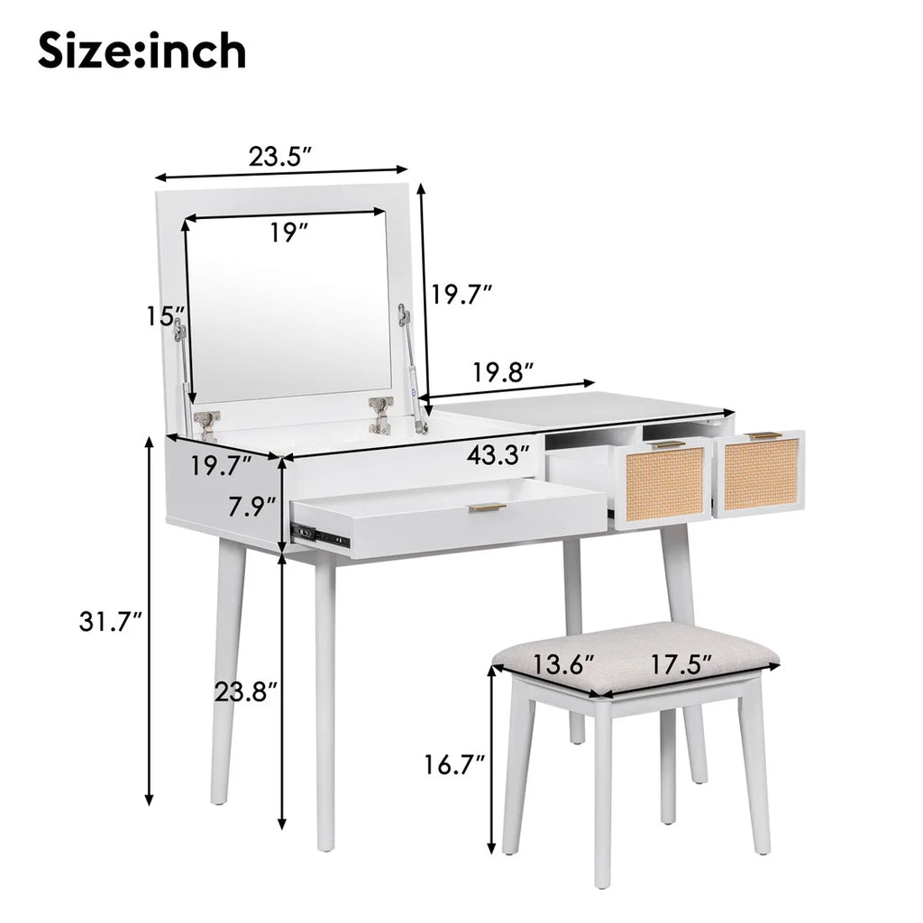 43.3" Wood Makeup Vanity Set with Flip-top Mirror and Stool O633355