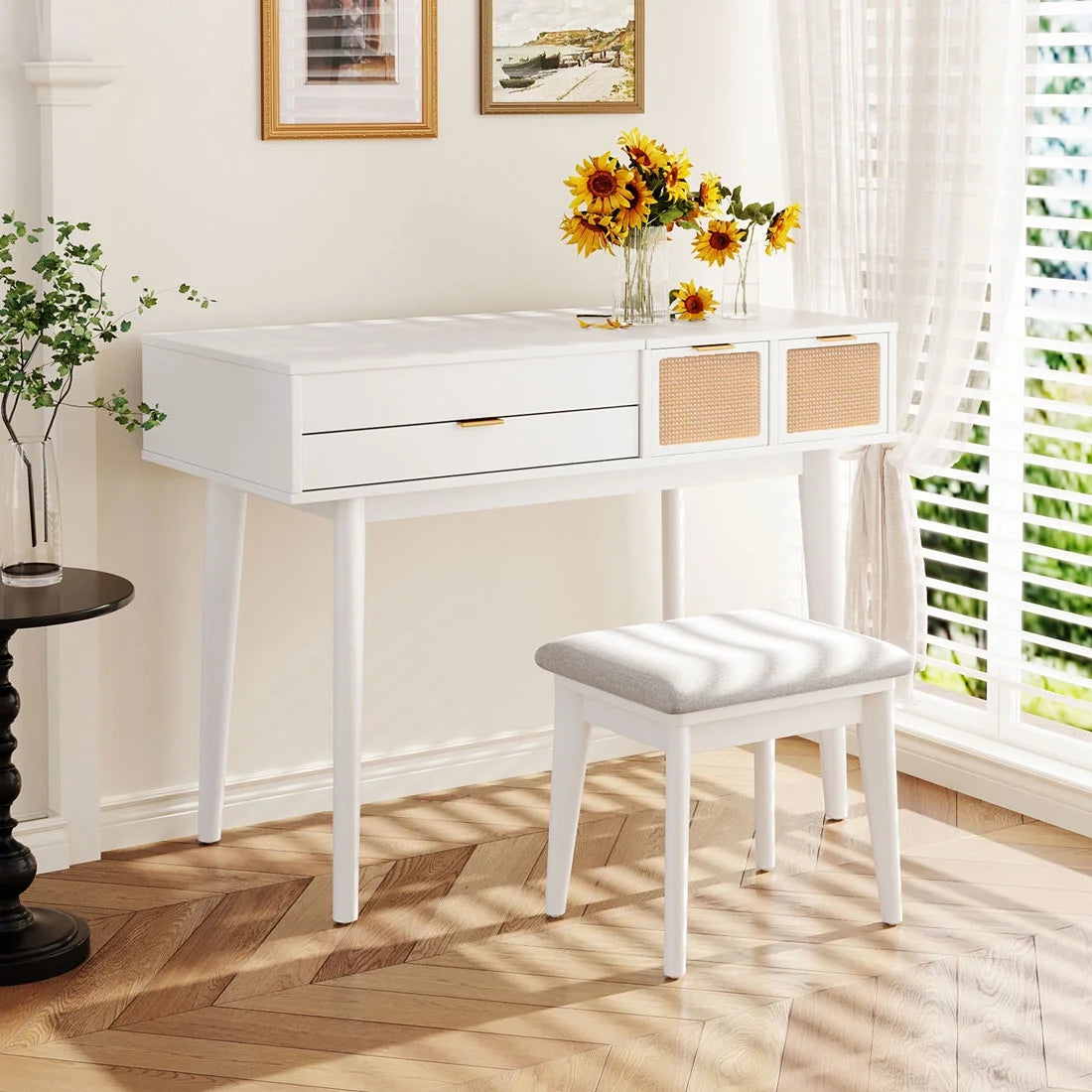 43.3" Wood Makeup Vanity Set with Flip-top Mirror and Stool O633355