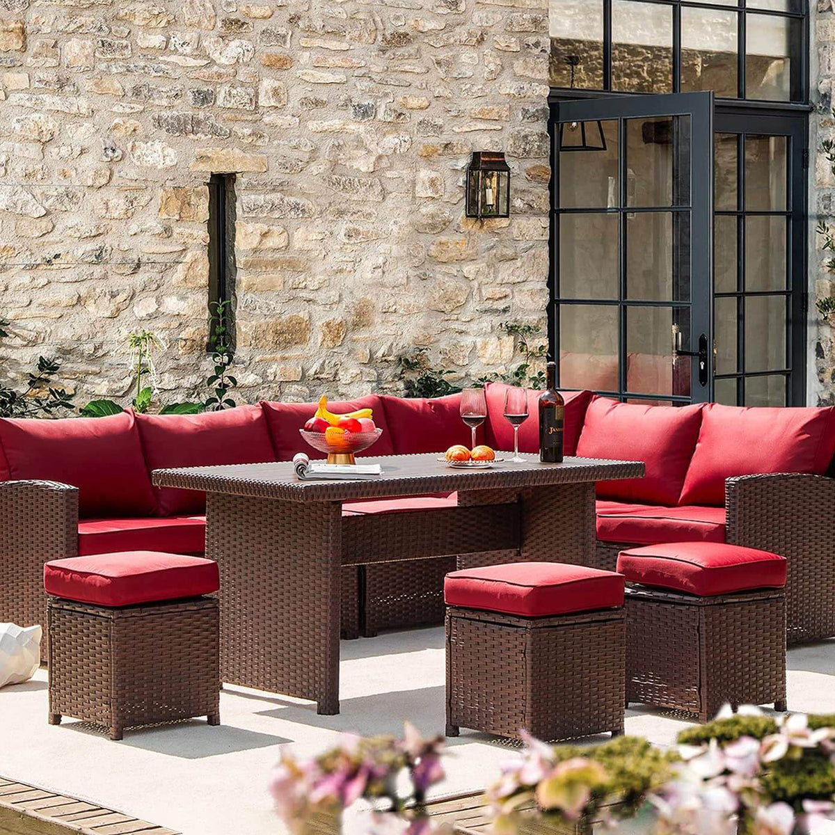 Red Rattan Wicker Patio Dining Table Set E65685