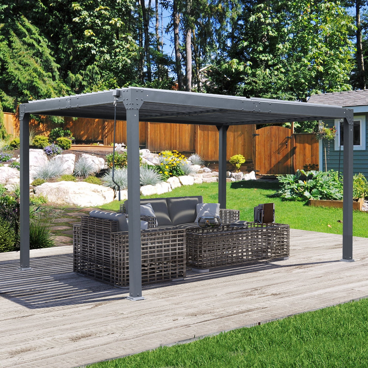 13 x 10 ft. Outdoor Aluminum Louvered Pergola Waterproof Gazebo with 2 Adjustable Rainproof Panels - Dark Gray Z2669